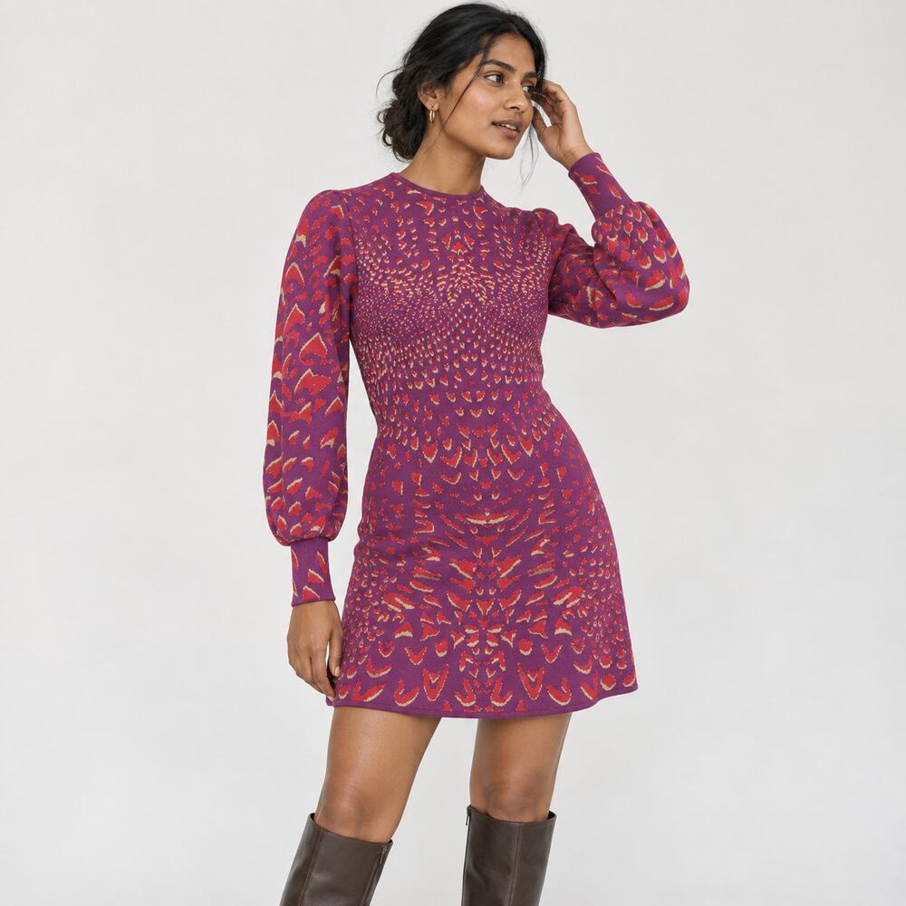 Hayley Menzies Purple Printed Long Sleeve Knit Mini Sweater Dress, size M